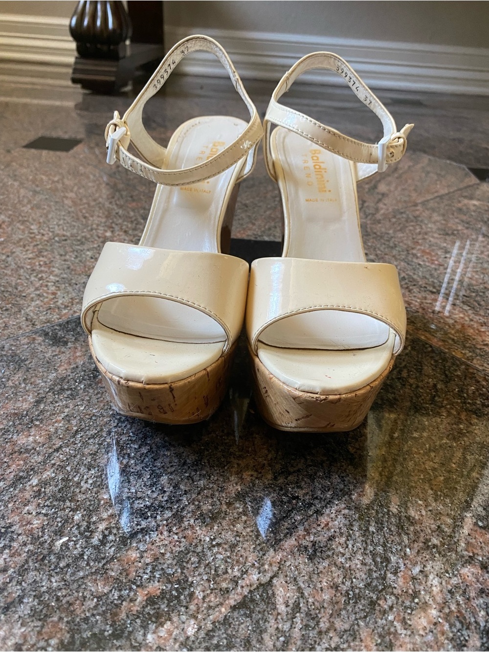 Baldinini Cream Patent Platform Sandals with Cork Platform